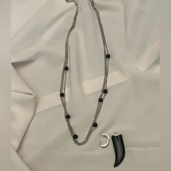 NWOT - Black Tusk Earrings & Stainless Steel Silver Necklace with Huggie & Tusk - Picture 5 of 12